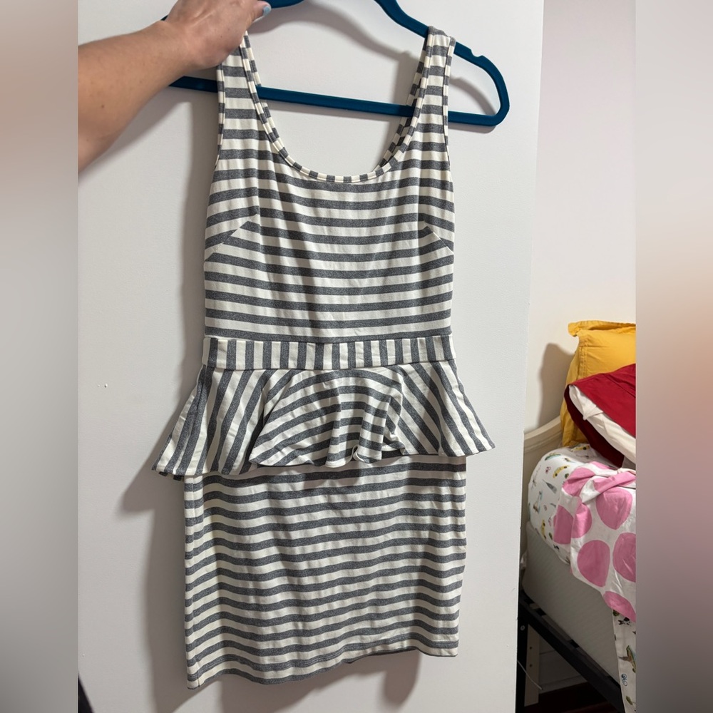 Bebe Gray and White Striped Peplum Dress